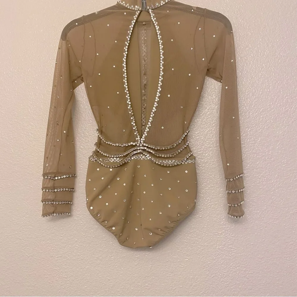LA dance solo custom tan nude beige illusion leotard costume bedazzled bling LC